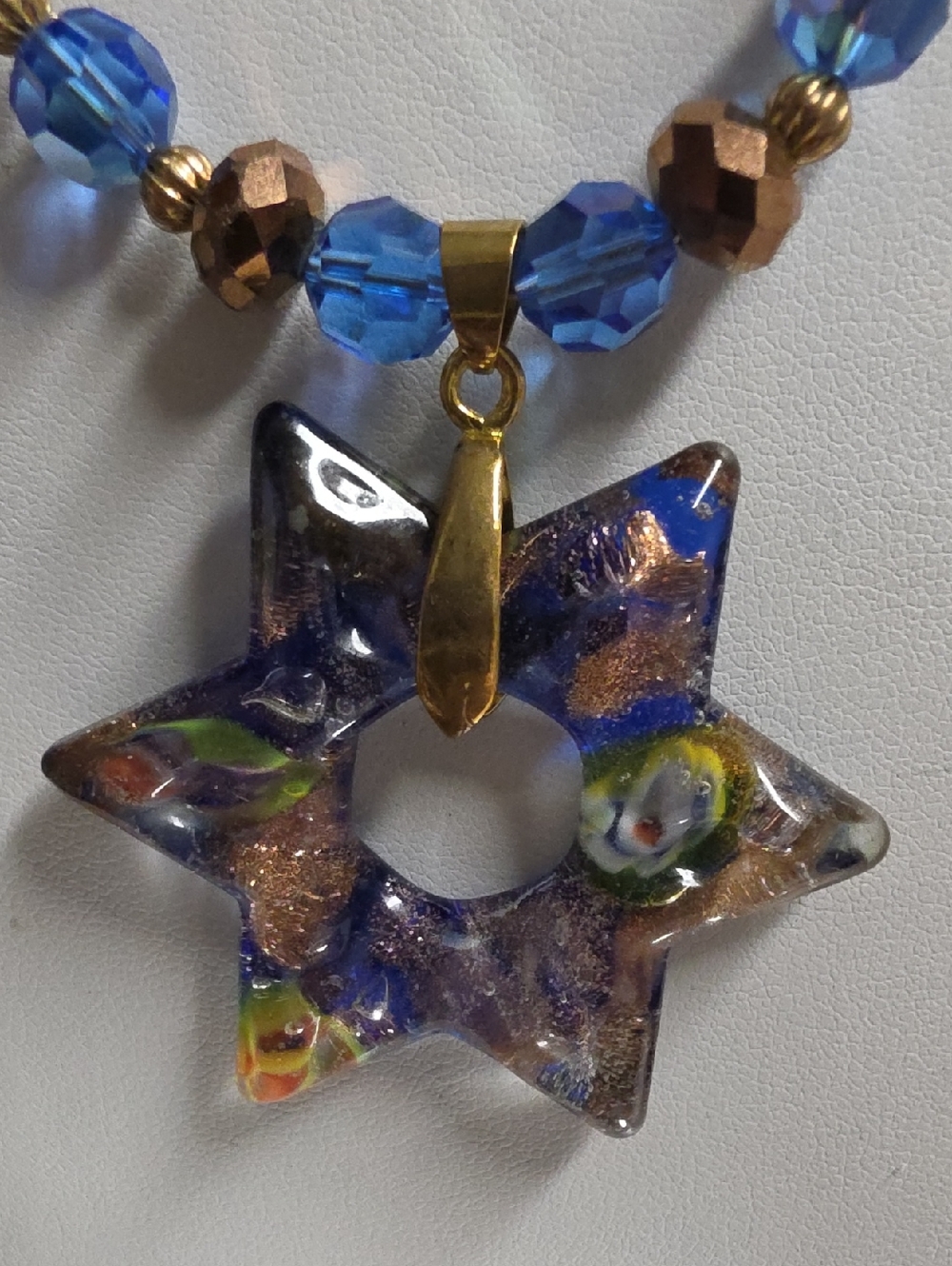 Handblown Aventurine Murrine Colbalt Blue Glass Star Necklace - Picture 2 of 6